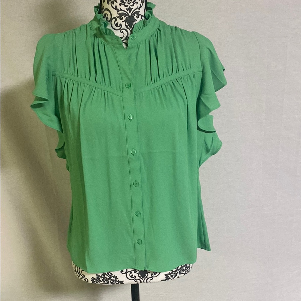 WHBM Green Flutter Sleeve Blouse with Ruffled Mandarin Collar Business Office